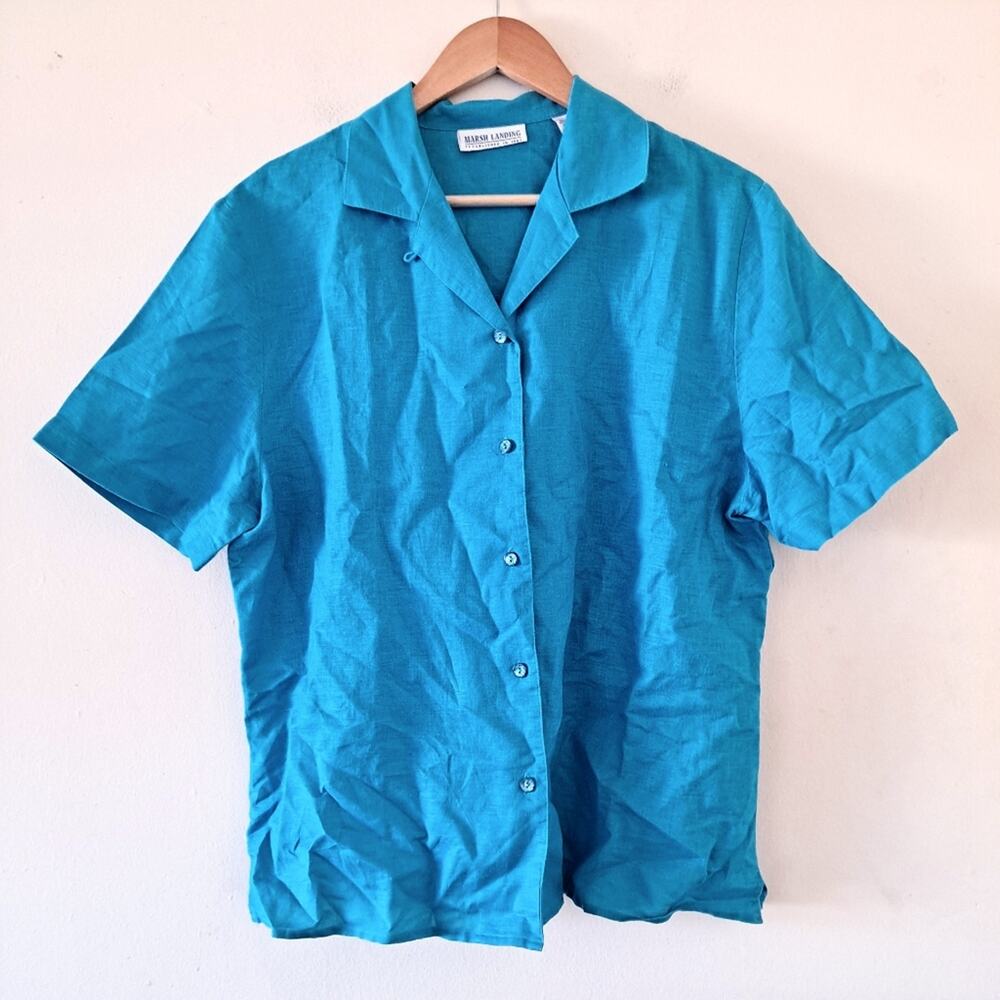Marsh Landing Blue Linen Blend Notch Collar Short Sleeve Button Down Blouse - L